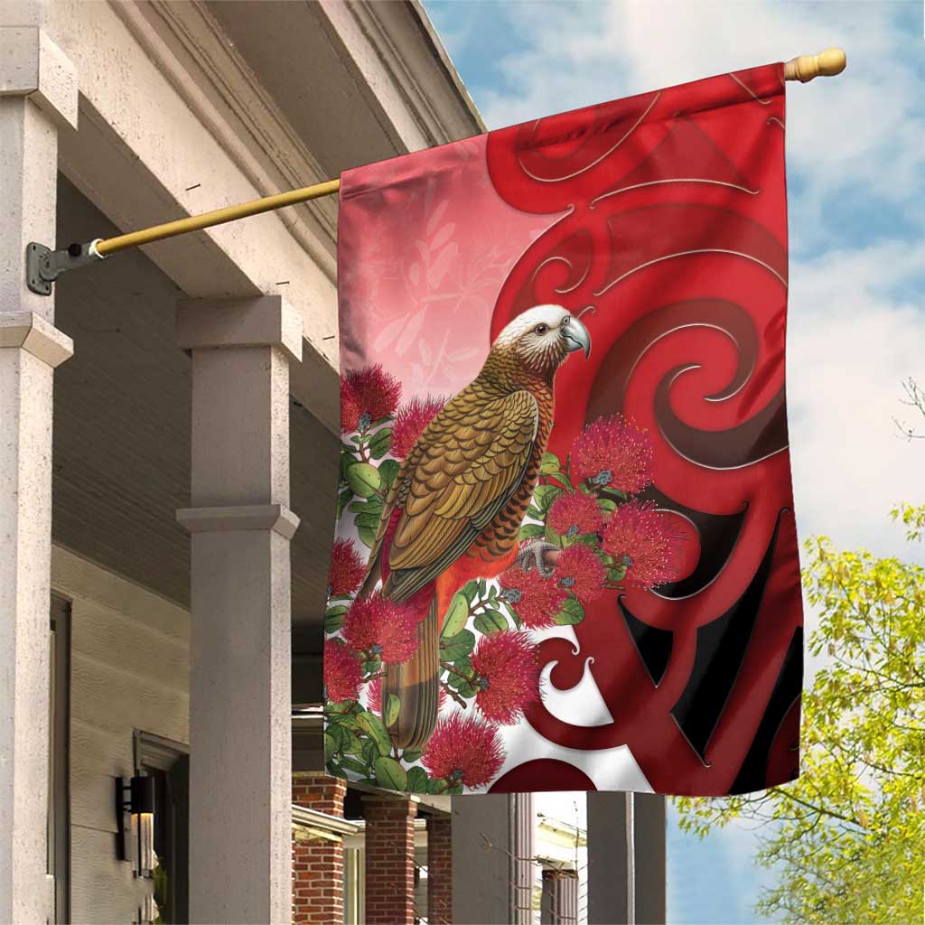 New Zealand Parrot Kaka Garden Flag Maori Koru With Pohutukawa Flowers - Polynesian Pride