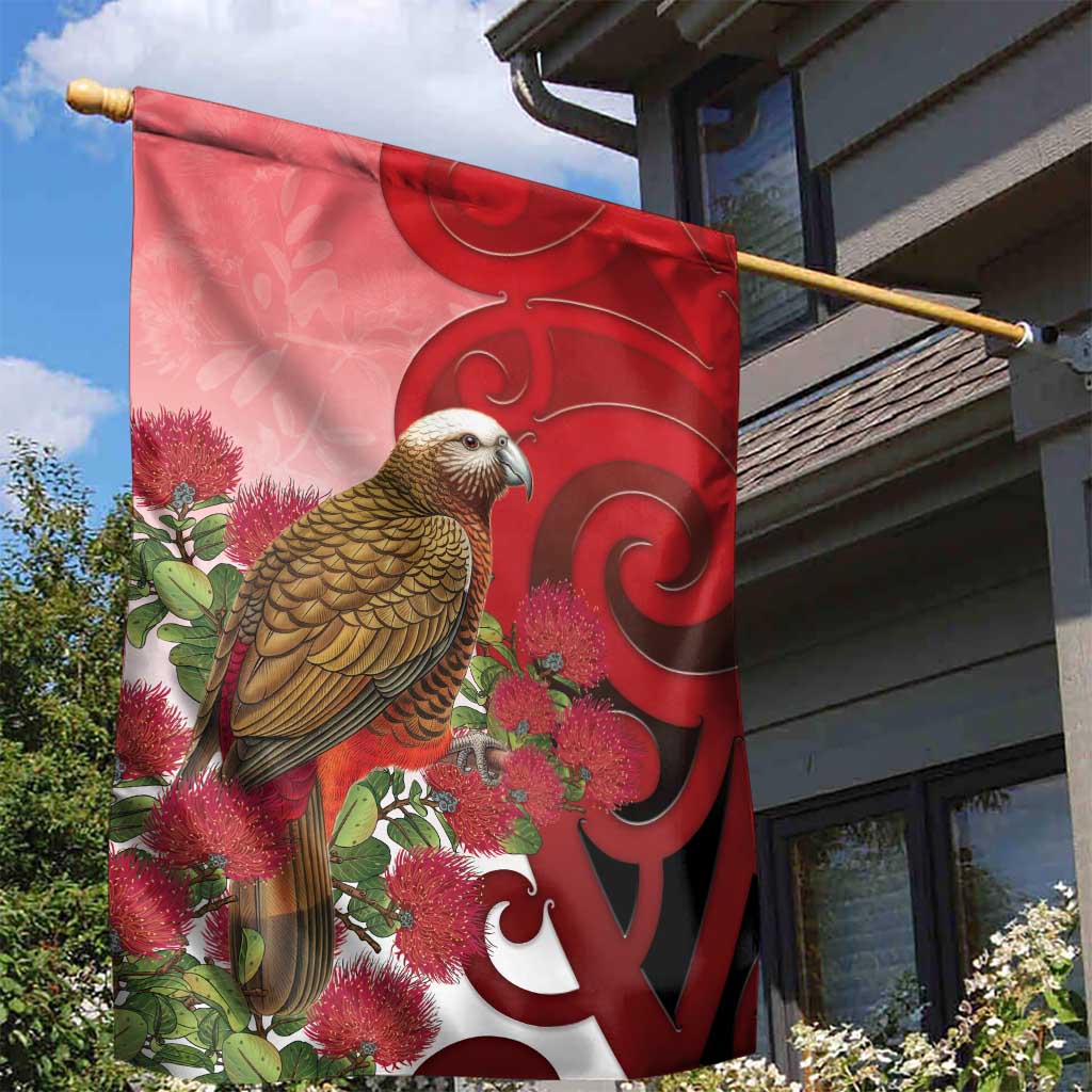 New Zealand Parrot Kaka Garden Flag Maori Koru With Pohutukawa Flowers - Polynesian Pride