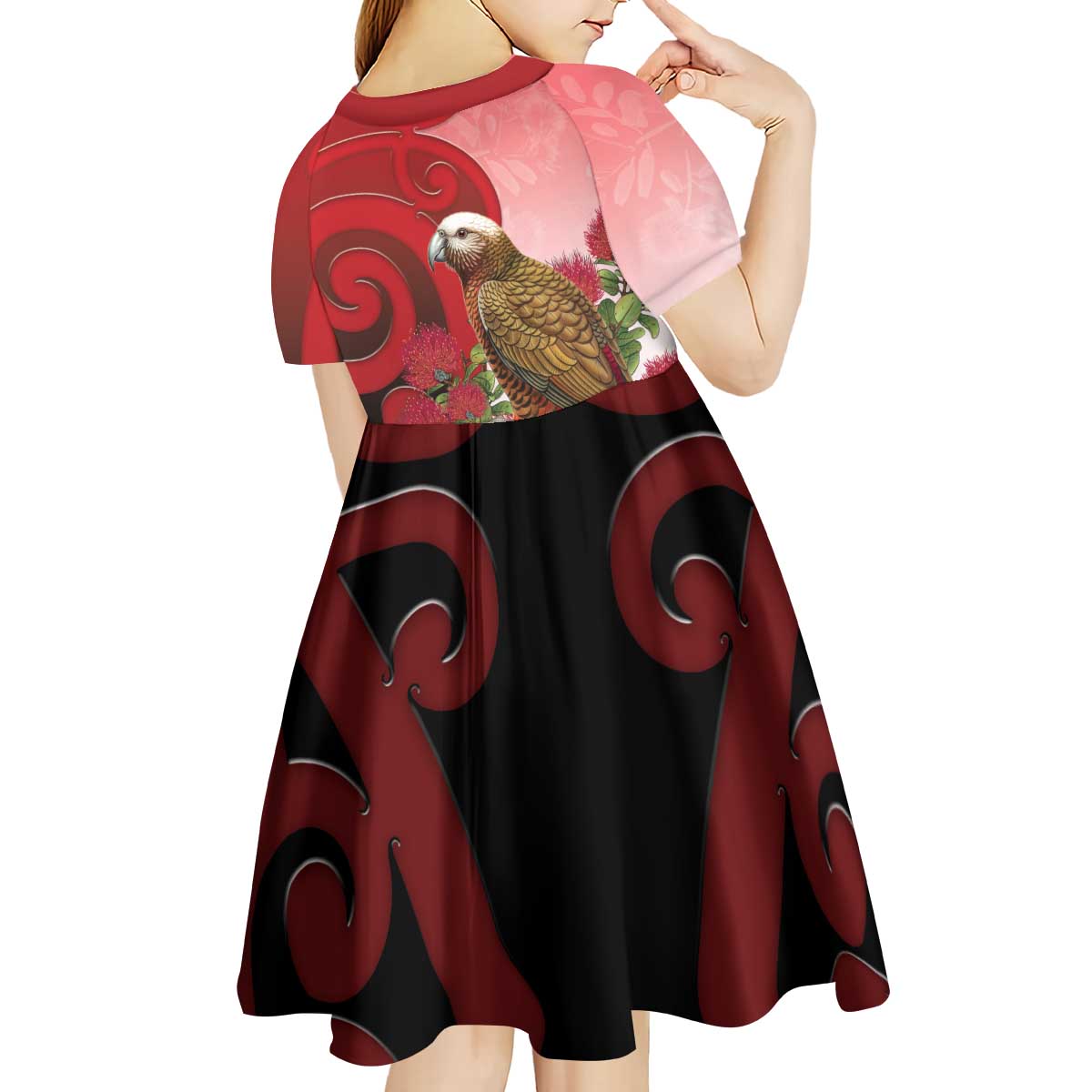 New Zealand Parrot Kaka Kid Short Sleeve Dress Maori Koru With Pohutukawa Flowers LT05 - Polynesian Pride