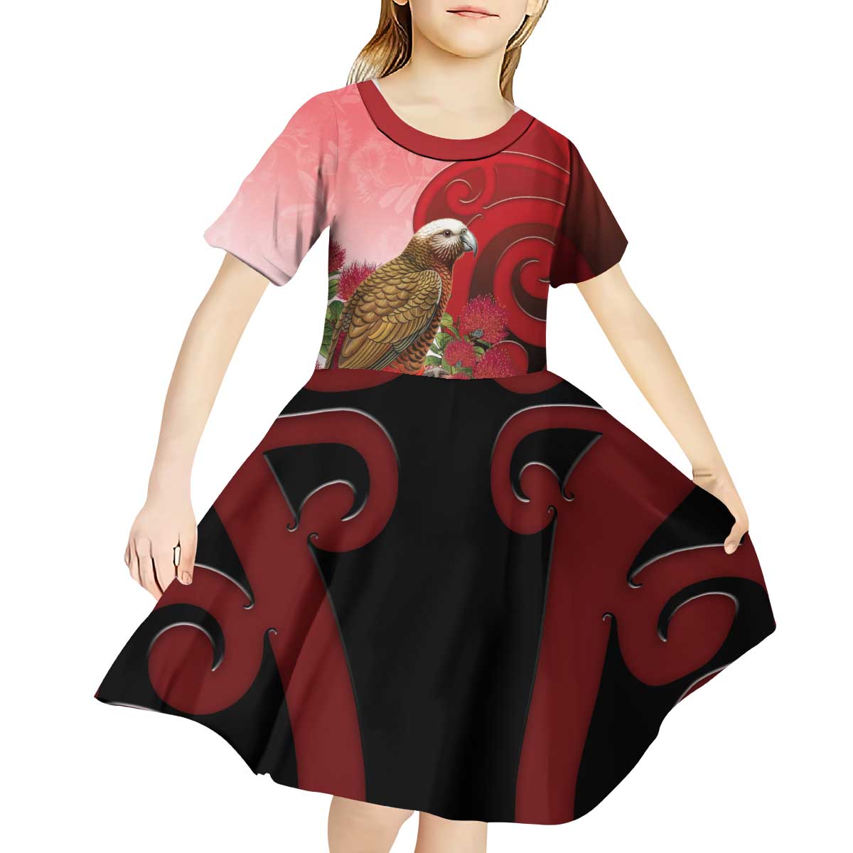New Zealand Parrot Kaka Kid Short Sleeve Dress Maori Koru With Pohutukawa Flowers LT05 - Polynesian Pride