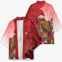 New Zealand Parrot Kaka Kimono Maori Koru With Pohutukawa Flowers - Polynesian Pride
