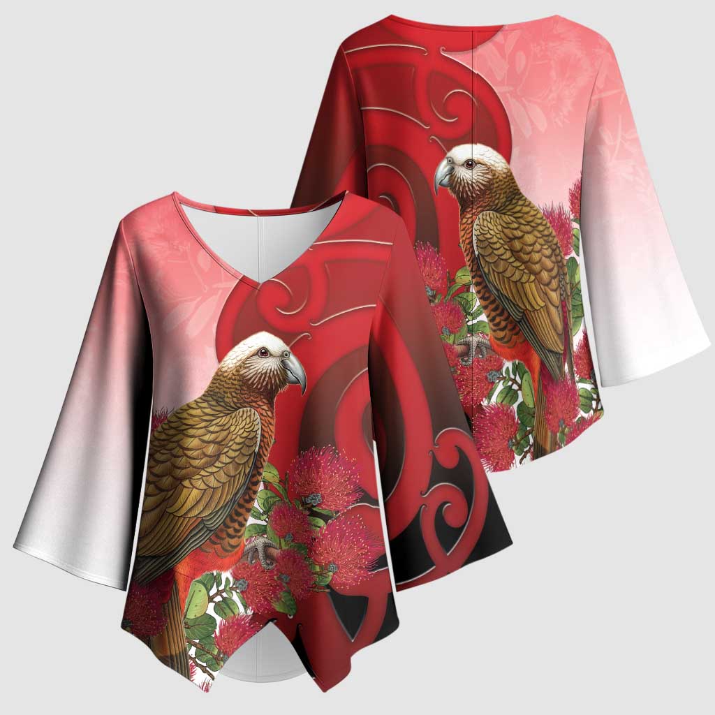 New Zealand Parrot Kaka Kimono Sleeve Blouse Maori Koru With Pohutukawa Flowers - Polynesian Pride