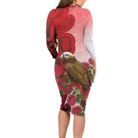 New Zealand Parrot Kaka Long Sleeve Bodycon Dress Maori Koru With Pohutukawa Flowers LT05 - Polynesian Pride