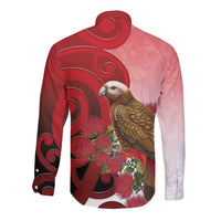 New Zealand Parrot Kaka Long Sleeve Button Shirt Maori Koru With Pohutukawa Flowers - Polynesian Pride