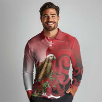 New Zealand Parrot Kaka Long Sleeve Polo Shirt Maori Koru With Pohutukawa Flowers LT05 - Polynesian Pride
