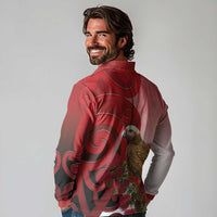 New Zealand Parrot Kaka Long Sleeve Polo Shirt Maori Koru With Pohutukawa Flowers LT05 - Polynesian Pride