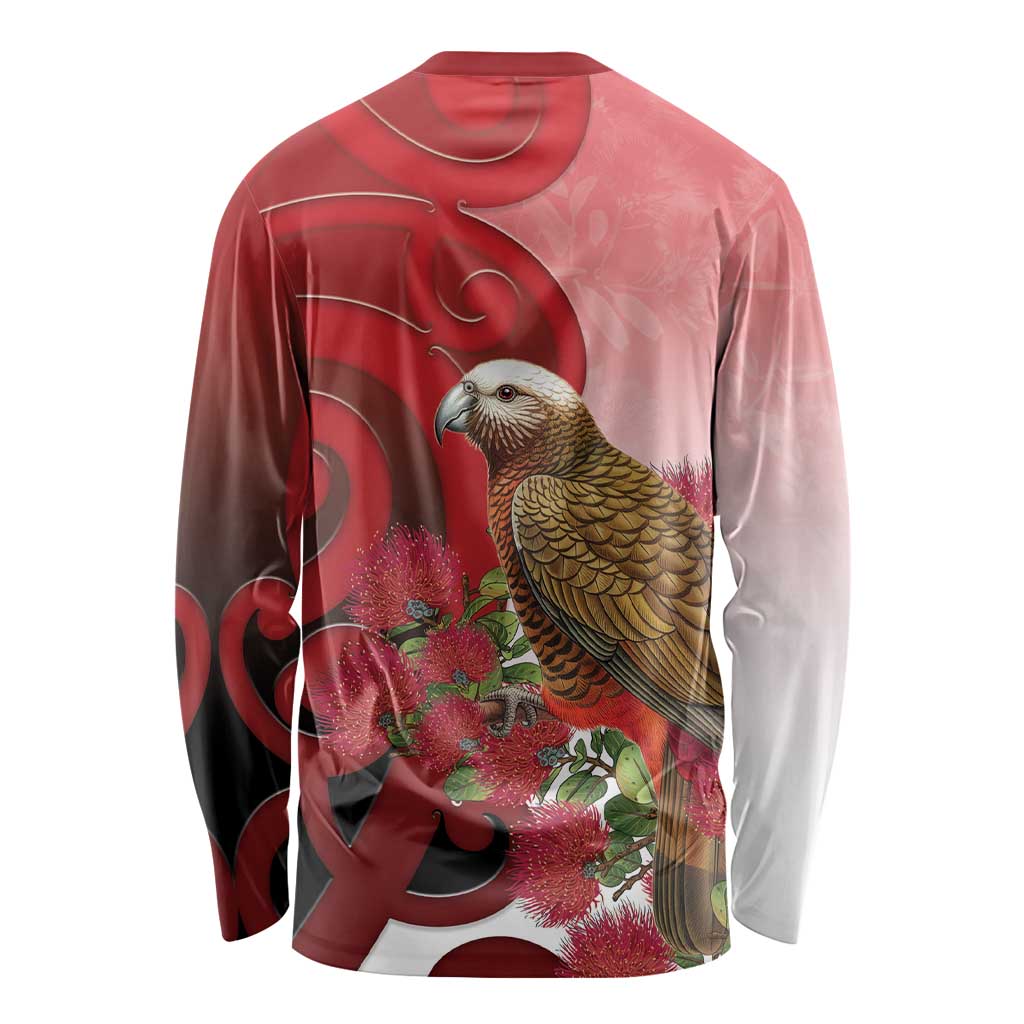 New Zealand Parrot Kaka Long Sleeve Shirt Maori Koru With Pohutukawa Flowers - Polynesian Pride