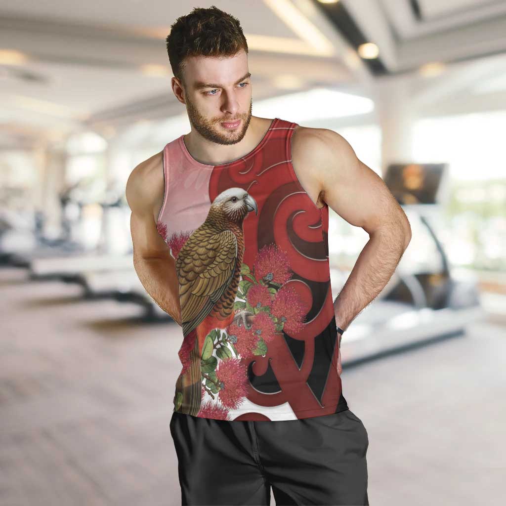 New Zealand Parrot Kaka Men Tank Top Maori Koru With Pohutukawa Flowers - Polynesian Pride
