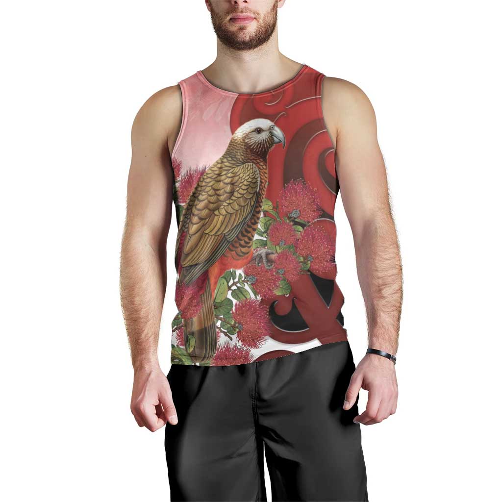 New Zealand Parrot Kaka Men Tank Top Maori Koru With Pohutukawa Flowers - Polynesian Pride