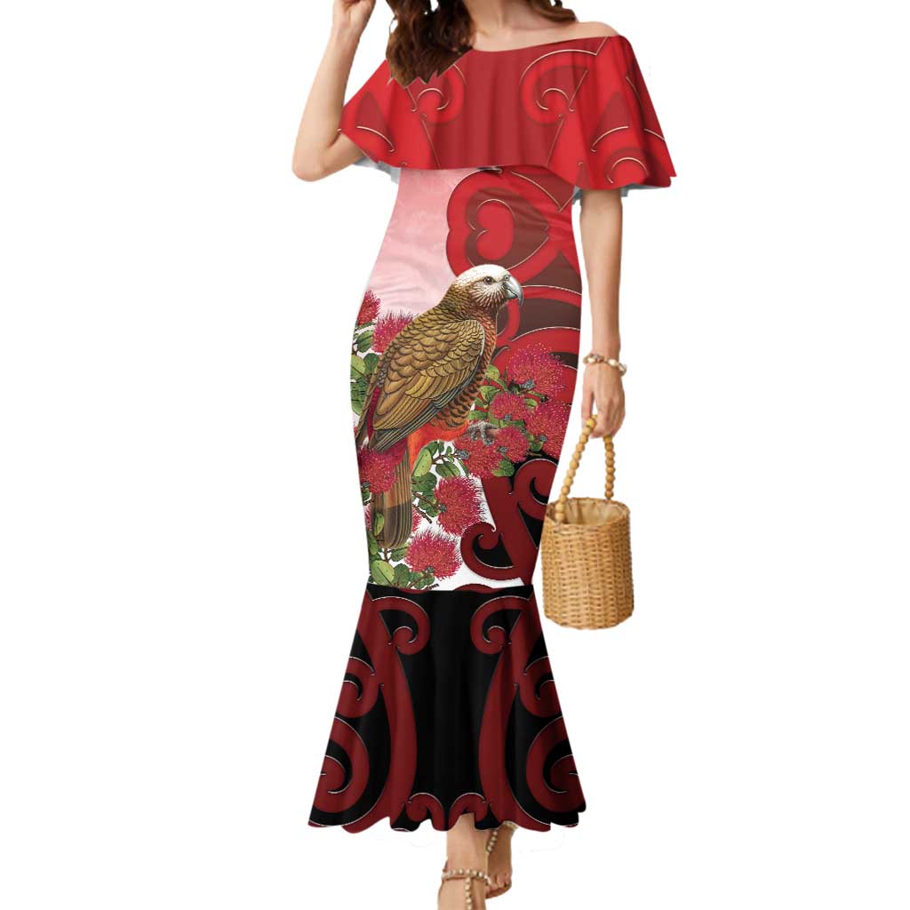New Zealand Parrot Kaka Mermaid Dress Maori Koru With Pohutukawa Flowers LT05 Women Red - Polynesian Pride