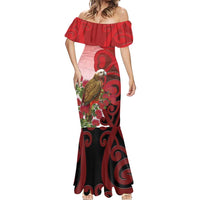 New Zealand Parrot Kaka Mermaid Dress Maori Koru With Pohutukawa Flowers LT05 - Polynesian Pride