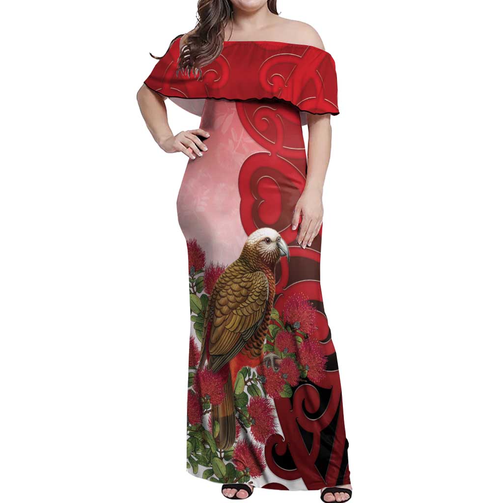 New Zealand Parrot Kaka Off Shoulder Maxi Dress Maori Koru With Pohutukawa Flowers - Polynesian Pride