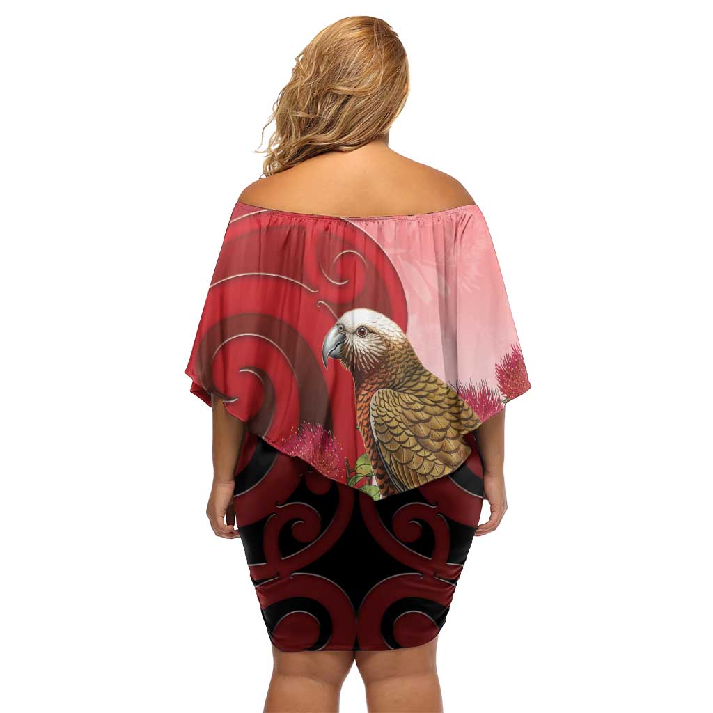New Zealand Parrot Kaka Off Shoulder Short Dress Maori Koru With Pohutukawa Flowers - Polynesian Pride