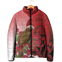New Zealand Parrot Kaka Padded Jacket Maori Koru With Pohutukawa Flowers - Polynesian Pride