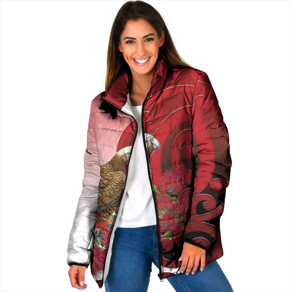 New Zealand Parrot Kaka Padded Jacket Maori Koru With Pohutukawa Flowers - Polynesian Pride