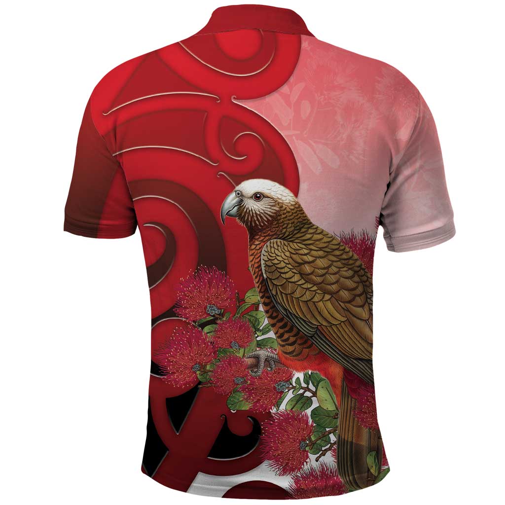 New Zealand Parrot Kaka Polo Shirt Maori Koru With Pohutukawa Flowers - Polynesian Pride