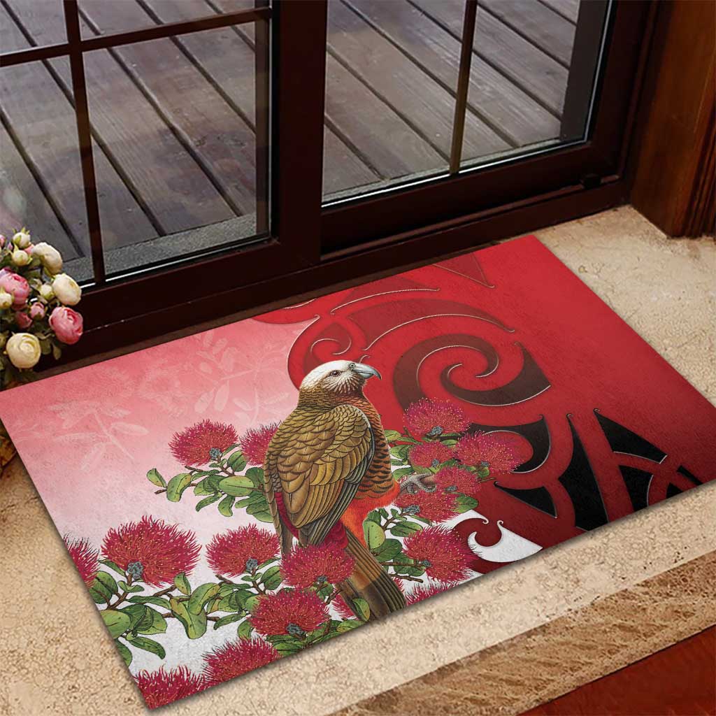 New Zealand Parrot Kaka Rubber Doormat Maori Koru With Pohutukawa Flowers - Polynesian Pride