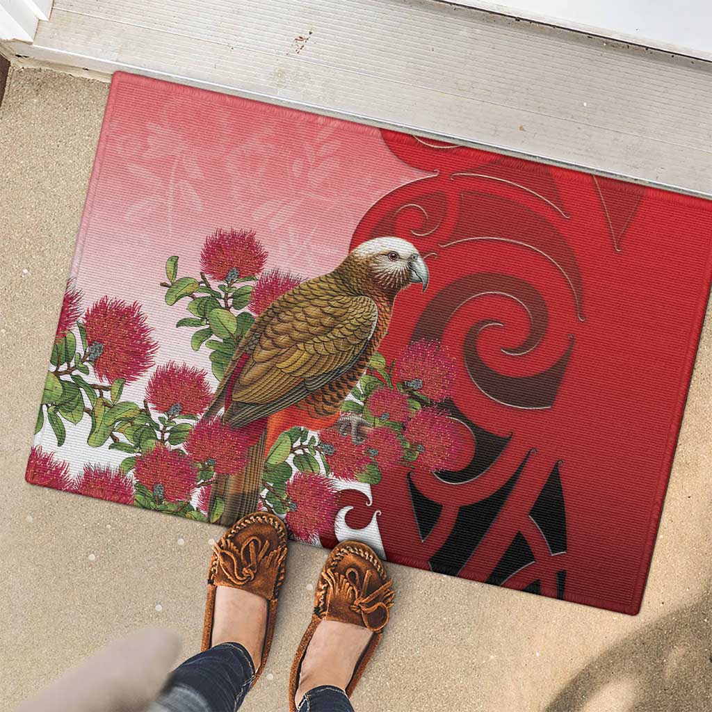 New Zealand Parrot Kaka Rubber Doormat Maori Koru With Pohutukawa Flowers - Polynesian Pride