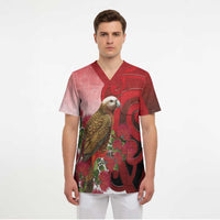 New Zealand Parrot Kaka Scrub Top Maori Koru With Pohutukawa Flowers - Polynesian Pride