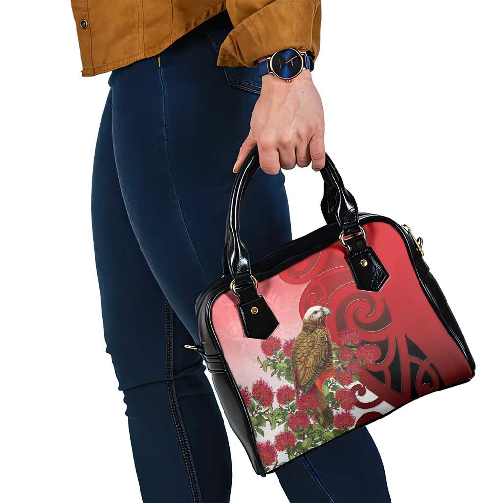 New Zealand Parrot Kaka Shoulder Handbag Maori Koru With Pohutukawa Flowers - Polynesian Pride