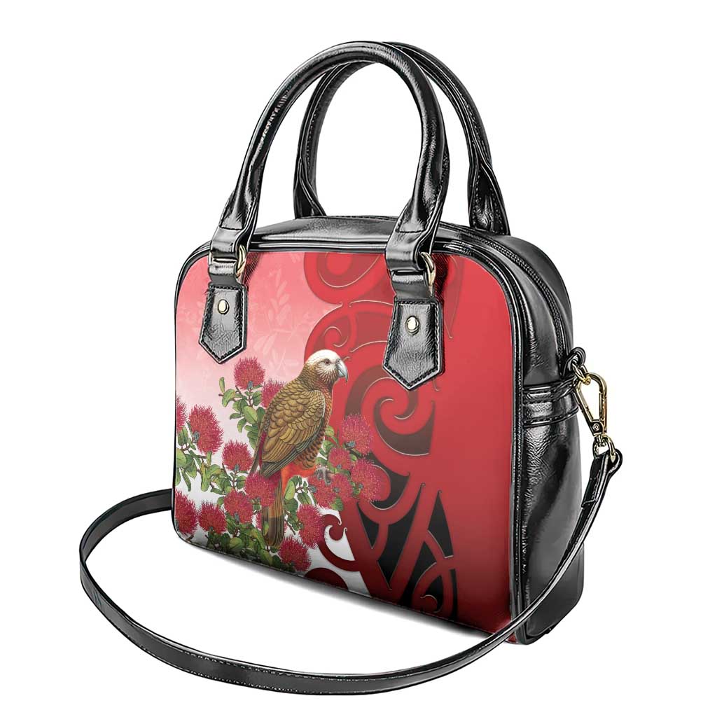 New Zealand Parrot Kaka Shoulder Handbag Maori Koru With Pohutukawa Flowers - Polynesian Pride