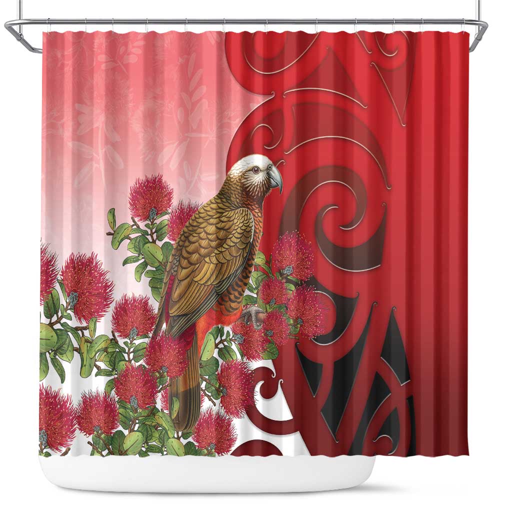 New Zealand Parrot Kaka Shower Curtain Maori Koru With Pohutukawa Flowers - Polynesian Pride