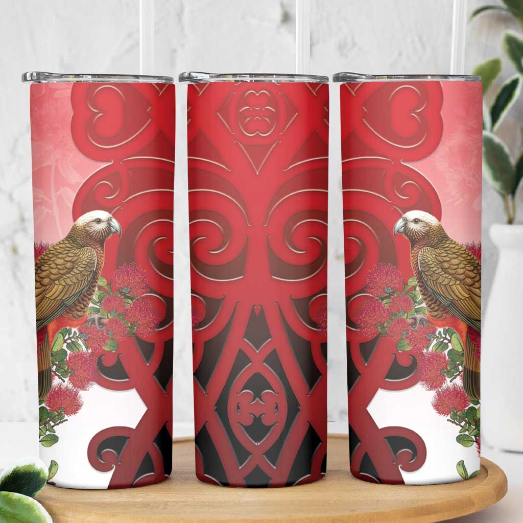 New Zealand Parrot Kaka Skinny Tumbler Maori Koru With Pohutukawa Flowers LT05 - Polynesian Pride