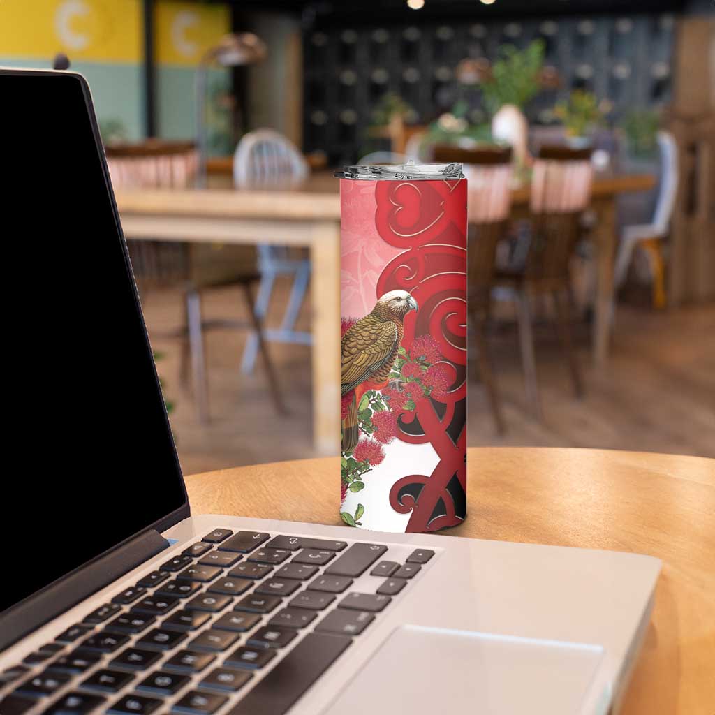 New Zealand Parrot Kaka Skinny Tumbler Maori Koru With Pohutukawa Flowers LT05 - Polynesian Pride