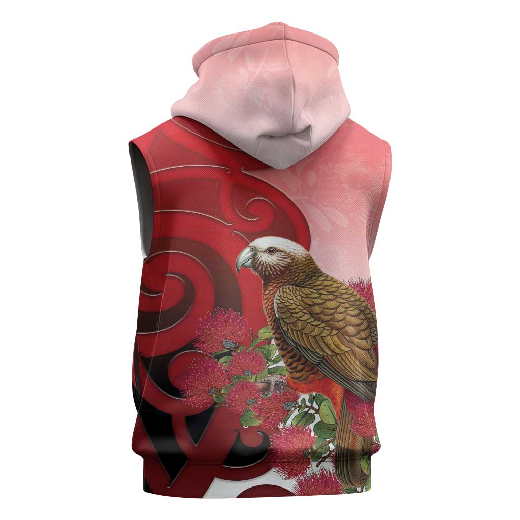 New Zealand Parrot Kaka Sleeveless Hoodie Maori Koru With Pohutukawa Flowers LT05 - Polynesian Pride