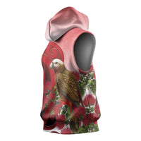 New Zealand Parrot Kaka Sleeveless Hoodie Maori Koru With Pohutukawa Flowers LT05 - Polynesian Pride