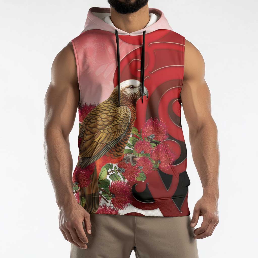 New Zealand Parrot Kaka Sleeveless Hoodie Maori Koru With Pohutukawa Flowers LT05 - Polynesian Pride
