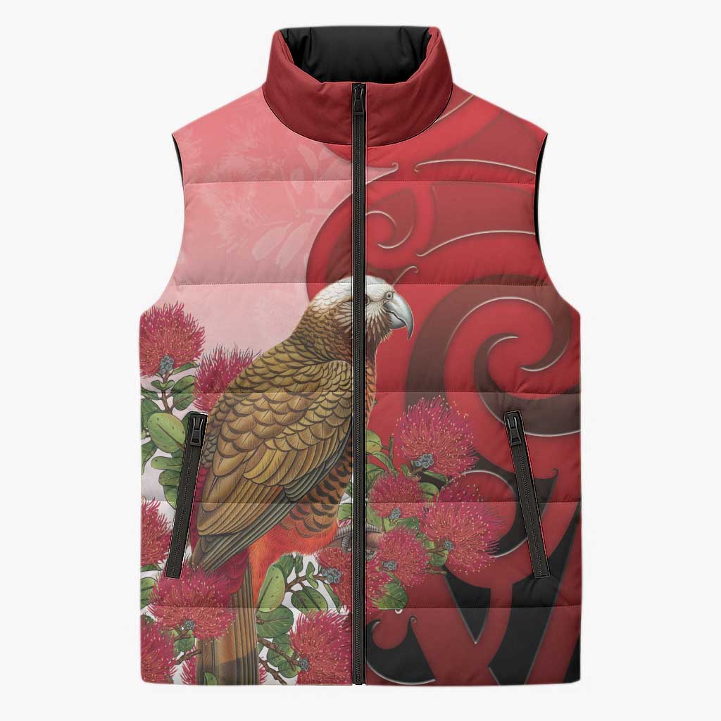 New Zealand Parrot Kaka Sleeveless Puffer Jacket Maori Koru With Pohutukawa Flowers - Polynesian Pride
