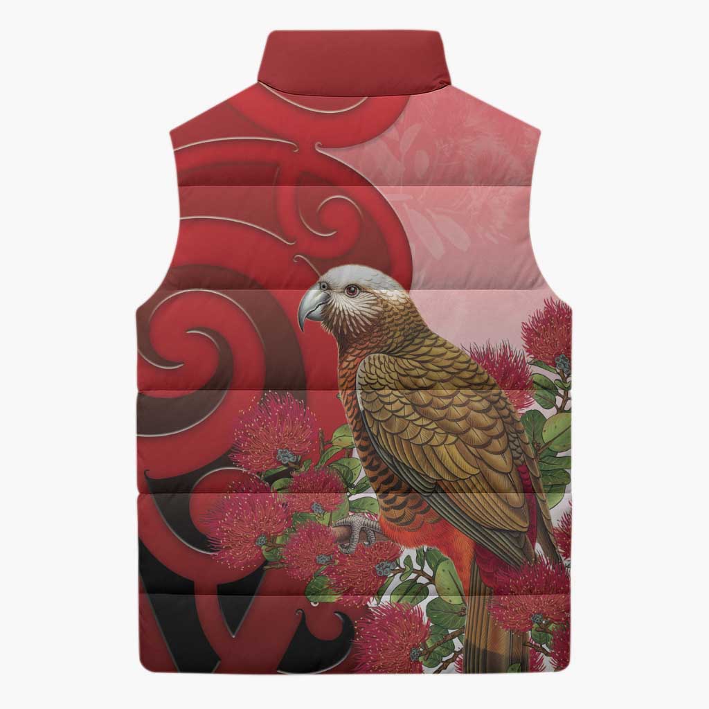 New Zealand Parrot Kaka Sleeveless Puffer Jacket Maori Koru With Pohutukawa Flowers - Polynesian Pride