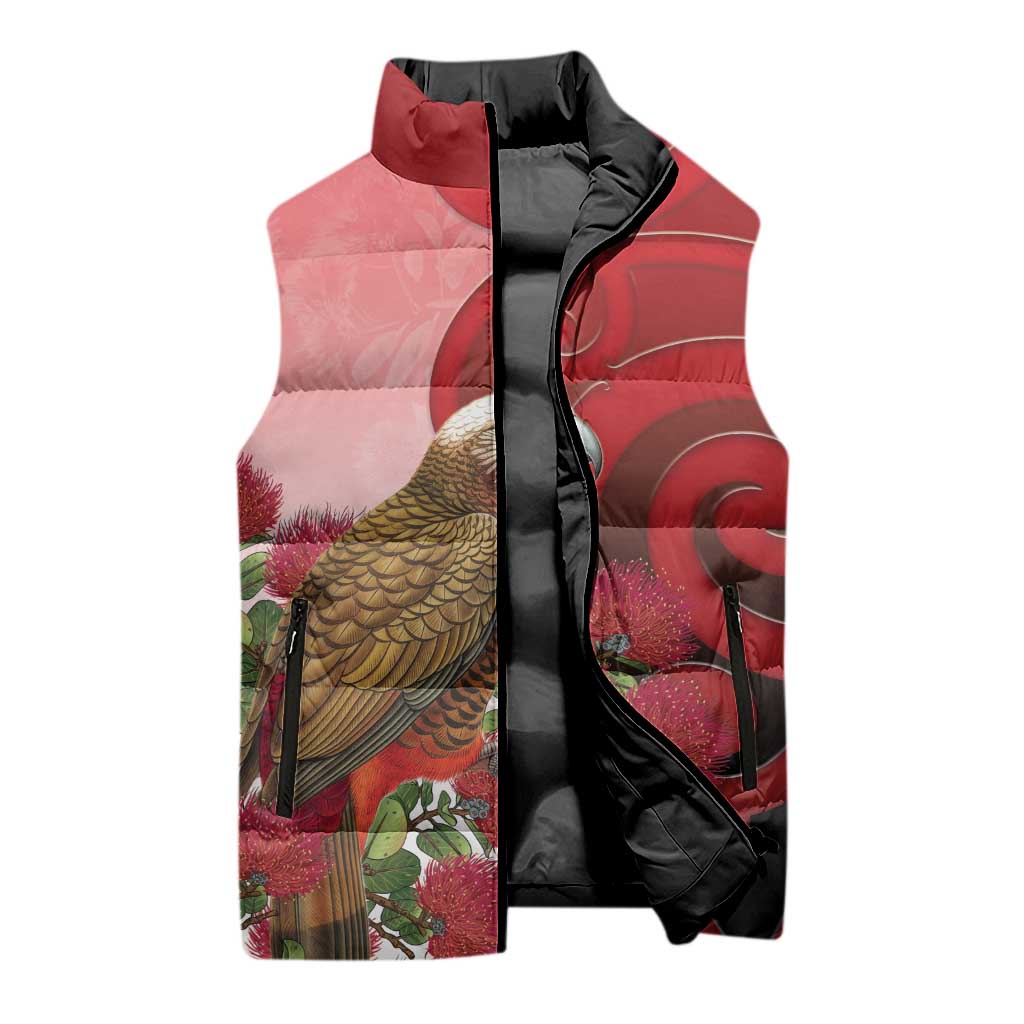 New Zealand Parrot Kaka Sleeveless Puffer Jacket Maori Koru With Pohutukawa Flowers - Polynesian Pride
