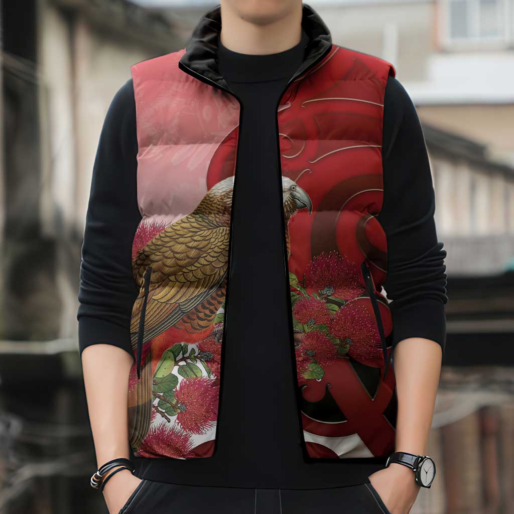 New Zealand Parrot Kaka Sleeveless Puffer Jacket Maori Koru With Pohutukawa Flowers - Polynesian Pride