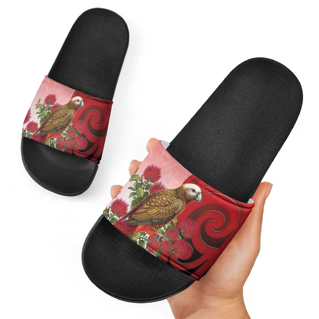 New Zealand Parrot Kaka Slide Sandals Maori Koru With Pohutukawa Flowers - Polynesian Pride