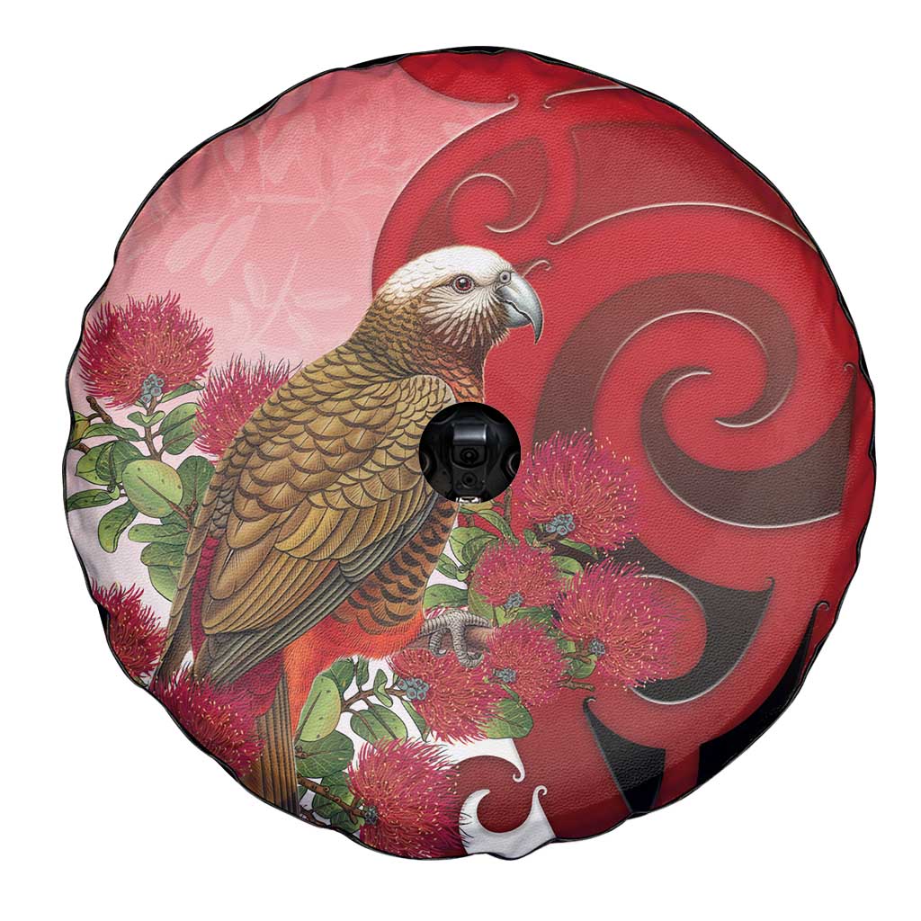 New Zealand Parrot Kaka Spare Tire Cover Maori Koru With Pohutukawa Flowers - Polynesian Pride