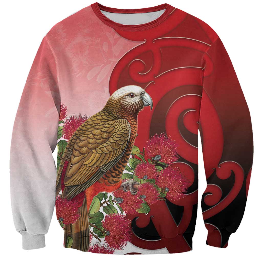 New Zealand Parrot Kaka Sweatshirt Maori Koru With Pohutukawa Flowers - Polynesian Pride