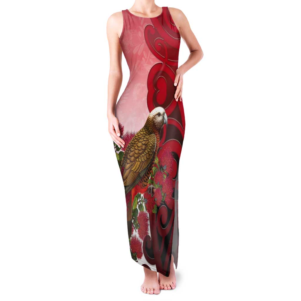 New Zealand Parrot Kaka Tank Maxi Dress Maori Koru With Pohutukawa Flowers - Polynesian Pride