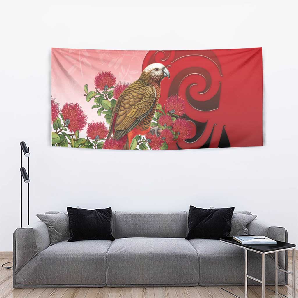 New Zealand Parrot Kaka Tapestry Maori Koru With Pohutukawa Flowers - Polynesian Pride