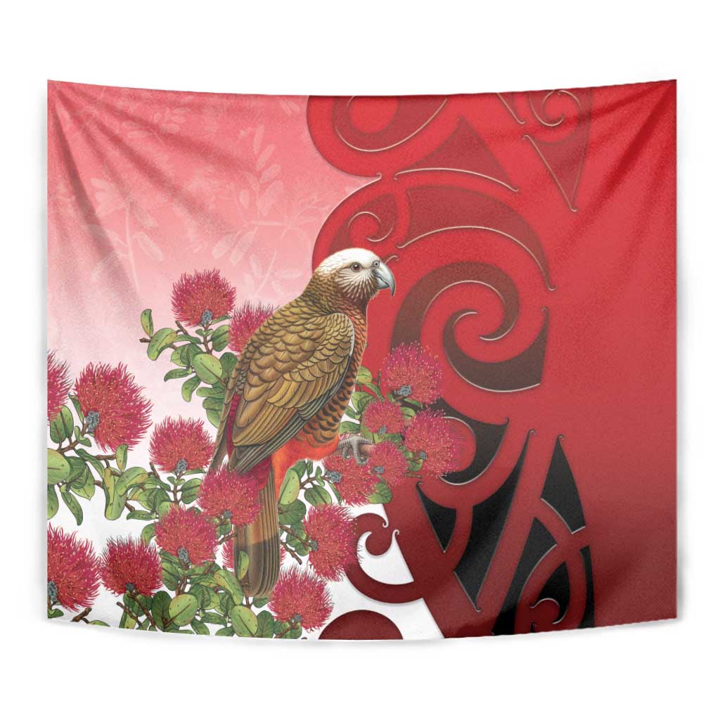 New Zealand Parrot Kaka Tapestry Maori Koru With Pohutukawa Flowers - Polynesian Pride