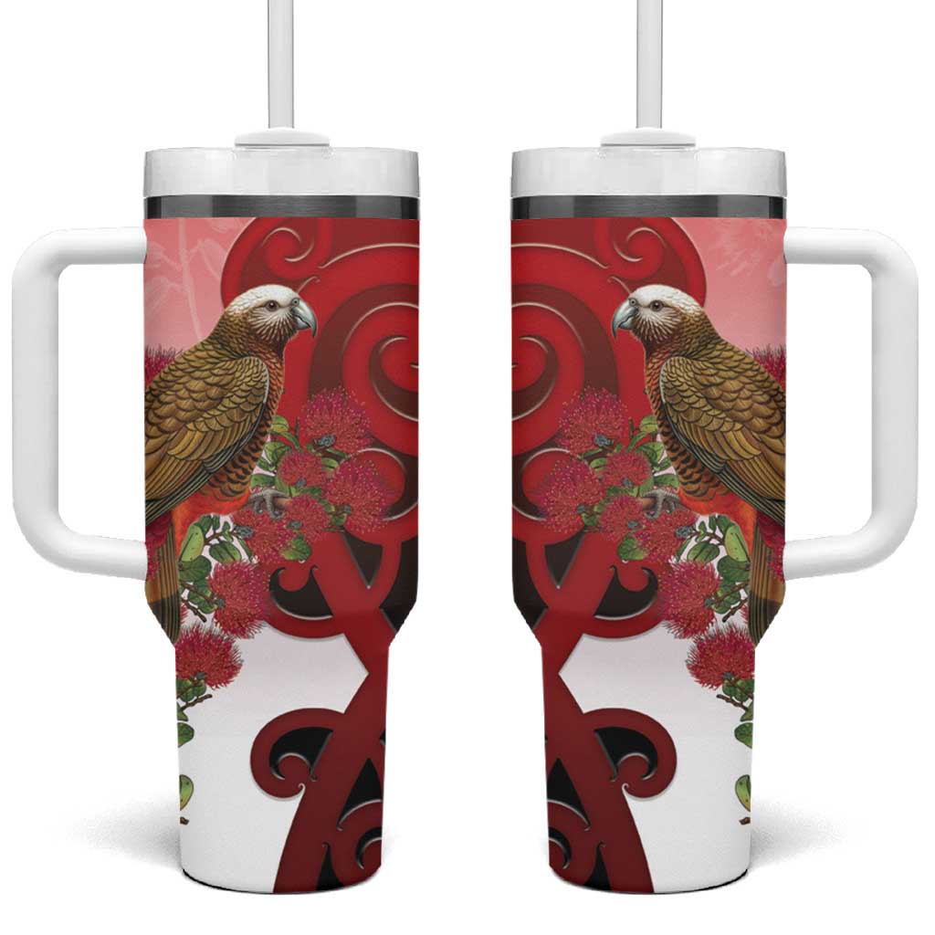 New Zealand Parrot Kaka Tumbler With Handle Maori Koru With Pohutukawa Flowers - Polynesian Pride