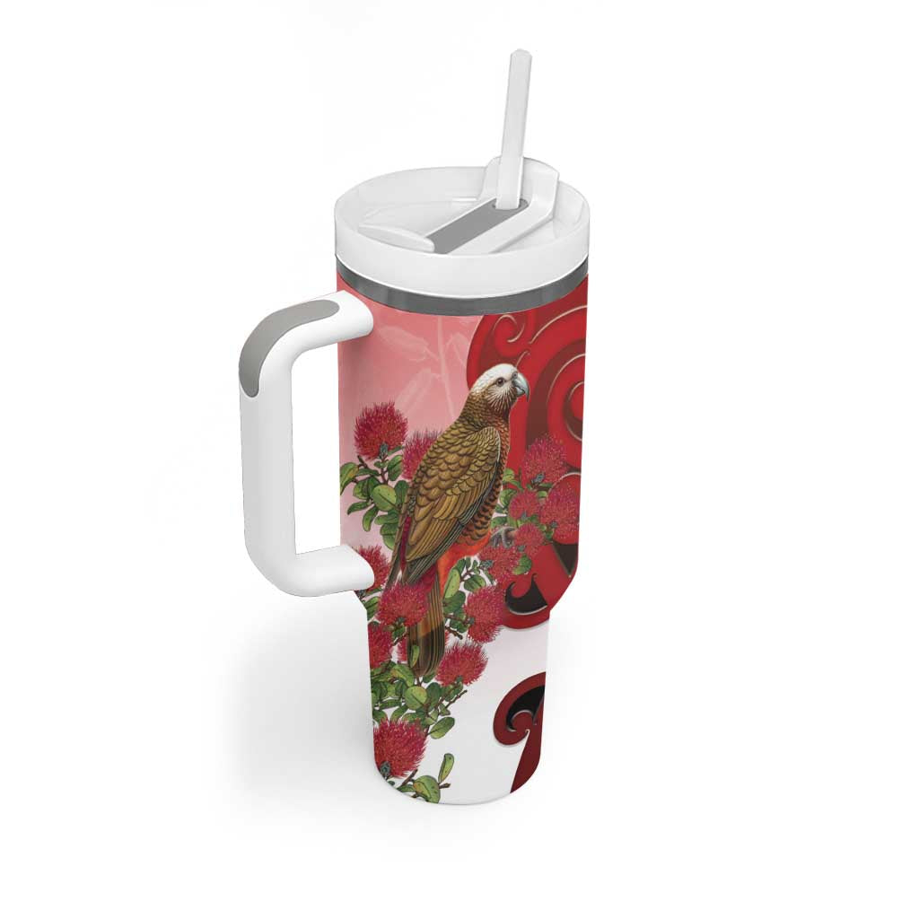 New Zealand Parrot Kaka Tumbler With Handle Maori Koru With Pohutukawa Flowers - Polynesian Pride