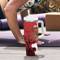 New Zealand Parrot Kaka Tumbler With Handle Maori Koru With Pohutukawa Flowers - Polynesian Pride