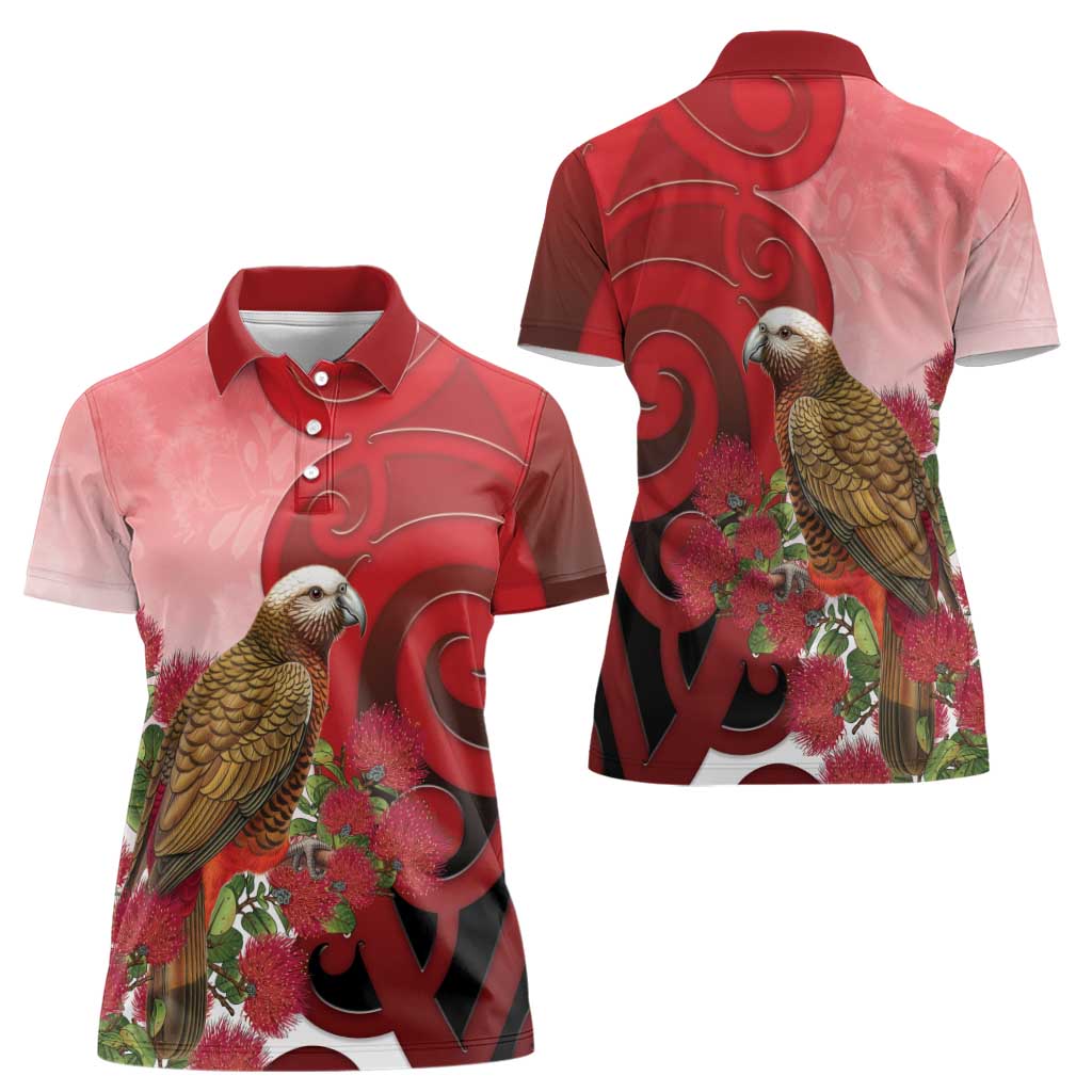 New Zealand Parrot Kaka Women Polo Shirt Maori Koru With Pohutukawa Flowers LT05 - Polynesian Pride