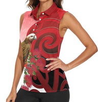New Zealand Parrot Kaka Women Sleeveless Polo Shirt Maori Koru With Pohutukawa Flowers LT05 - Polynesian Pride