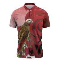 New Zealand Parrot Kaka Zipper Polo Shirt Maori Koru With Pohutukawa Flowers LT05 Red - Polynesian Pride