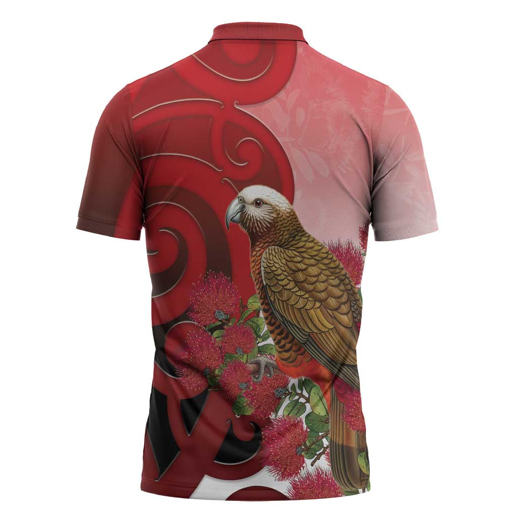New Zealand Parrot Kaka Zipper Polo Shirt Maori Koru With Pohutukawa Flowers LT05 - Polynesian Pride
