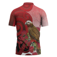 New Zealand Parrot Kaka Zipper Polo Shirt Maori Koru With Pohutukawa Flowers LT05 - Polynesian Pride