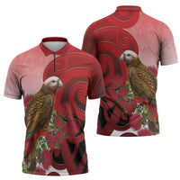 New Zealand Parrot Kaka Zipper Polo Shirt Maori Koru With Pohutukawa Flowers LT05 - Polynesian Pride